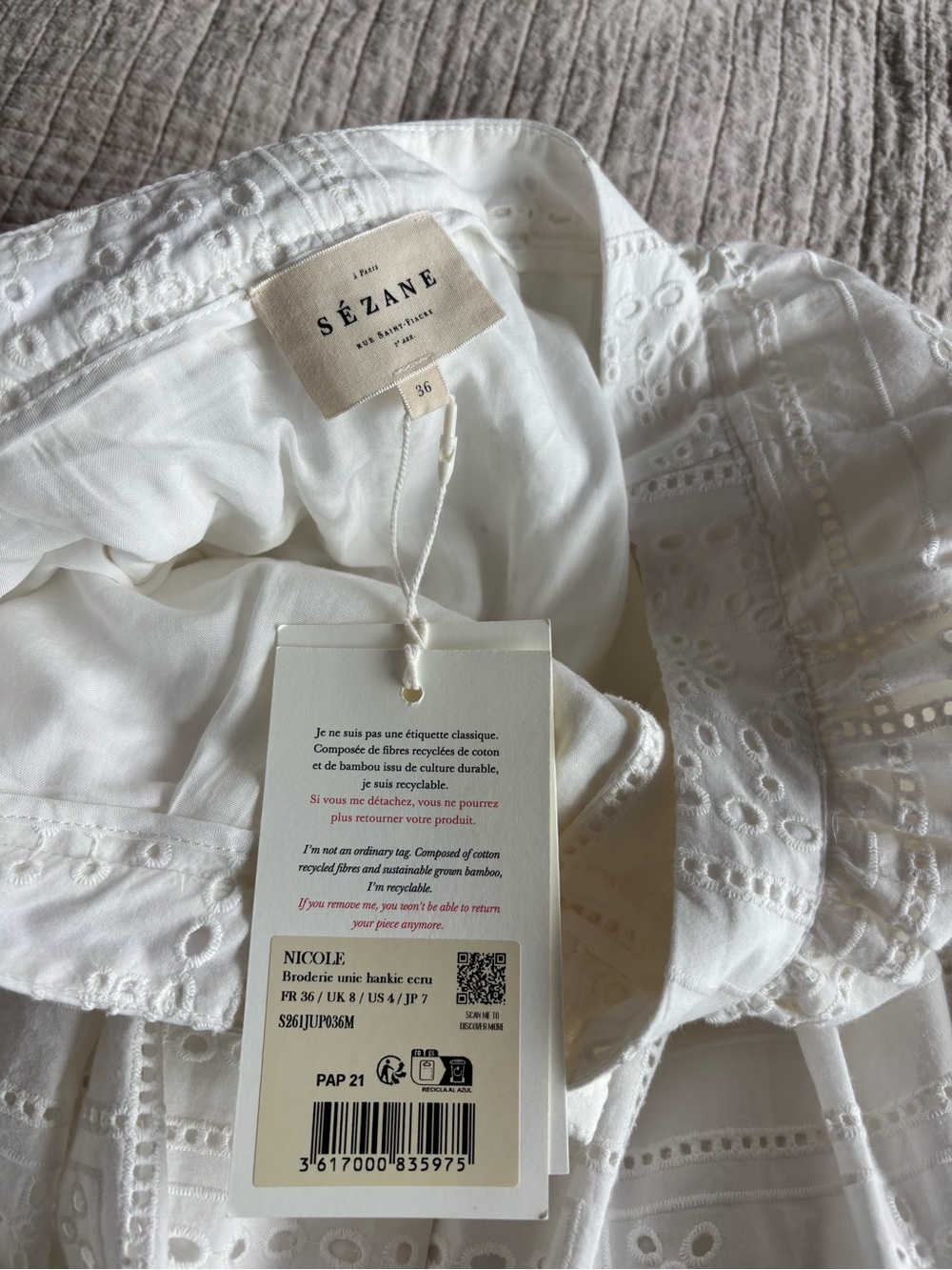 NWT Sézane Nicole Skirt in Ecru Hankie Solid Embroidery Soze 4/36 - Picture 6 of 7